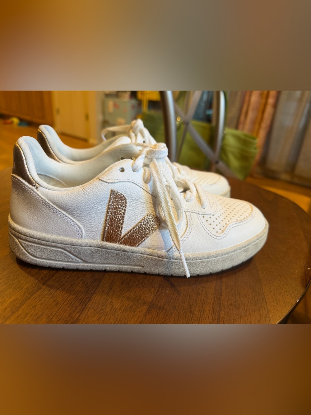 Veja White Sneakers with Metallic Gold V Logo